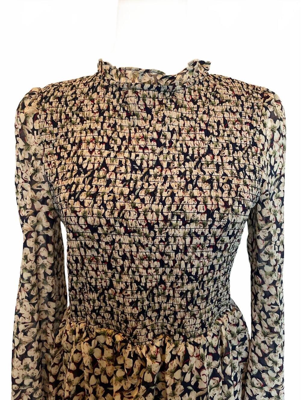 Lulus Floral Forever Navy Blue Beige Smocked Long Sleeve Mini Dress Medium - Picture 2 of 9